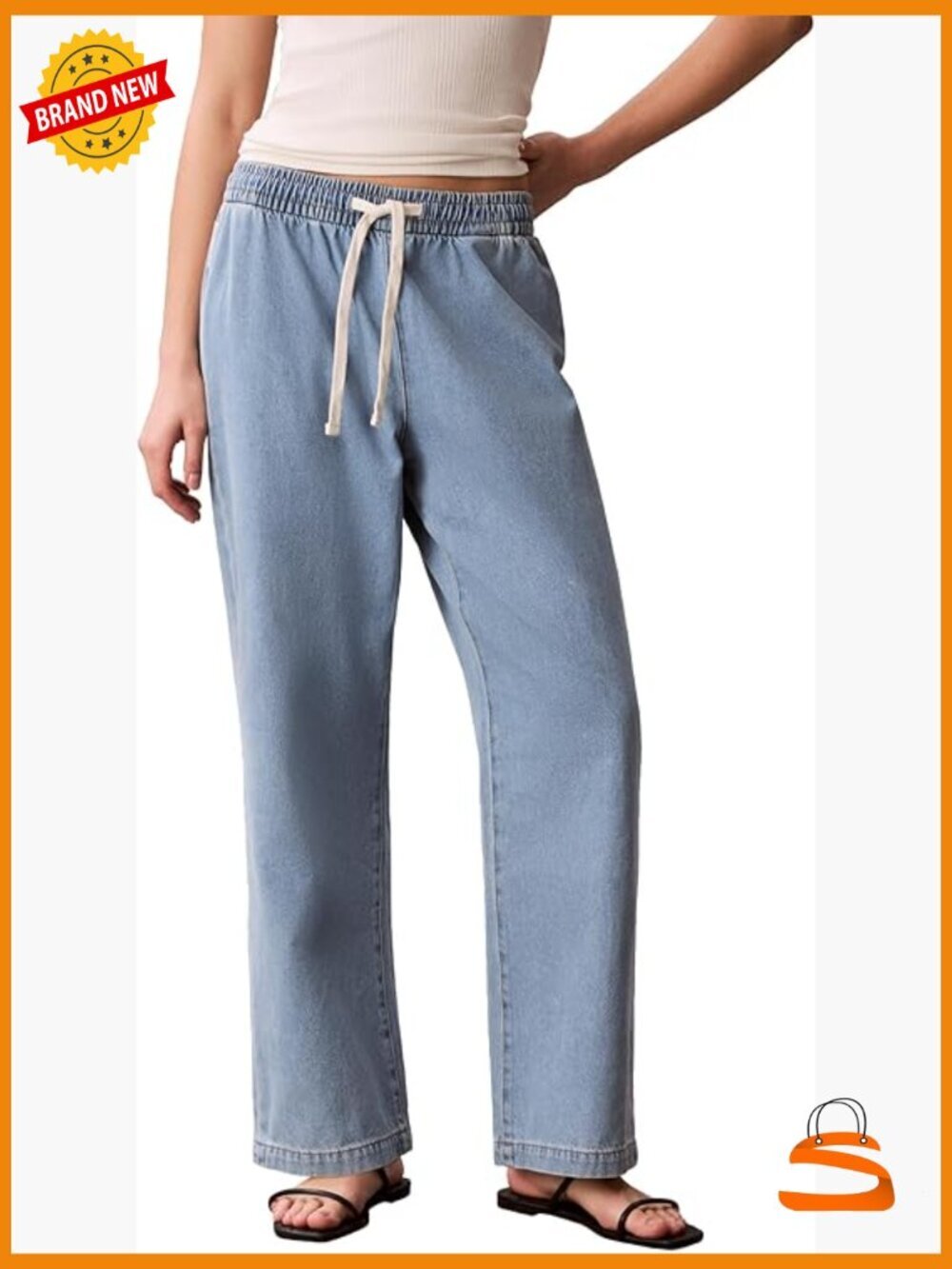 Lightweight Denim Pull-On Wide Leg Pants with Drawstring Waist